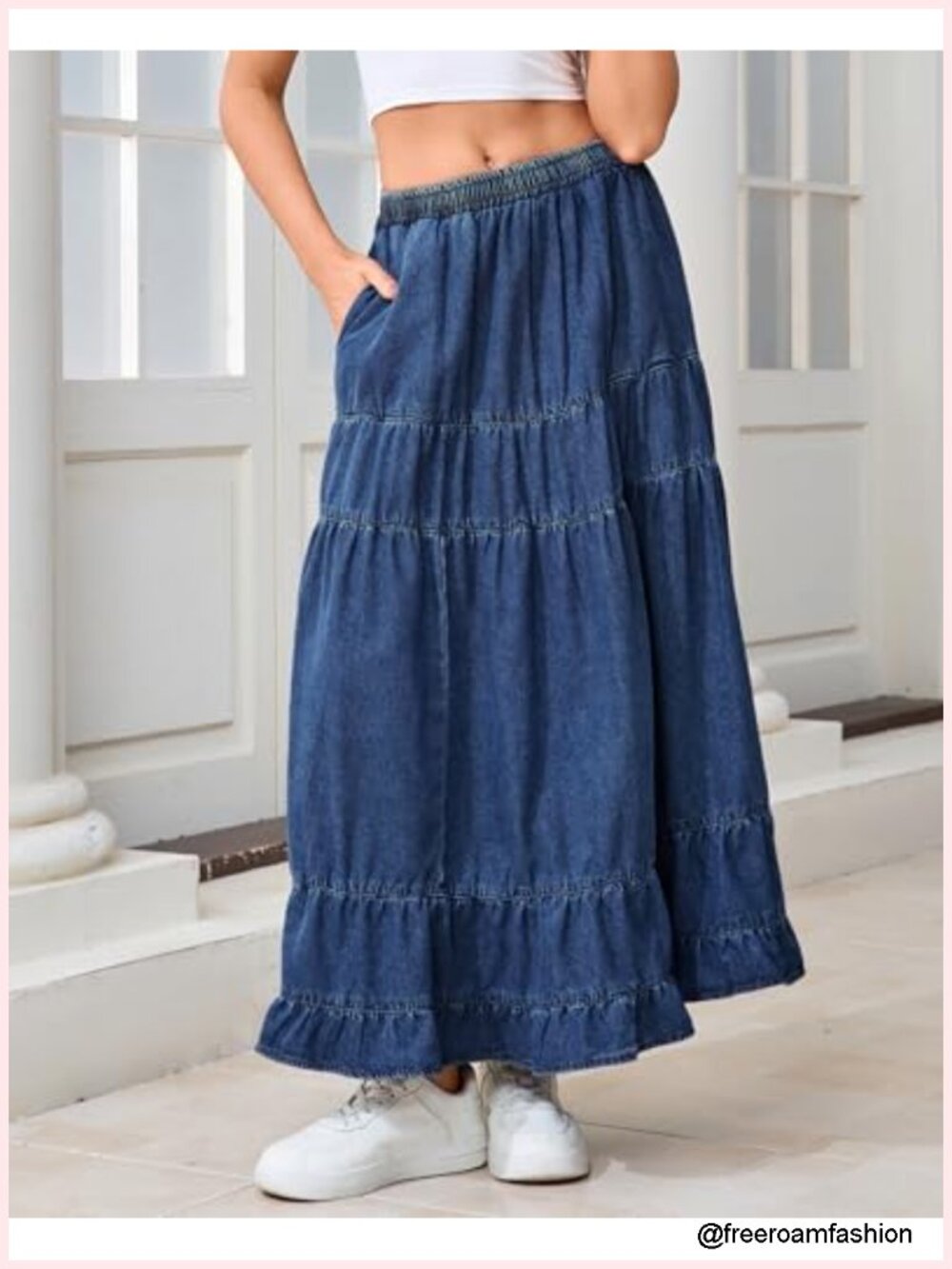 Women's Swing Chambray Maxi Skirt Pleated Tiered High Waist Denim Skirt - Picture 5 of 6
